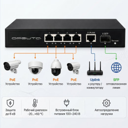 PoE-коммутатор 4+2 Gigabit 60Вт для IP камер VNP43