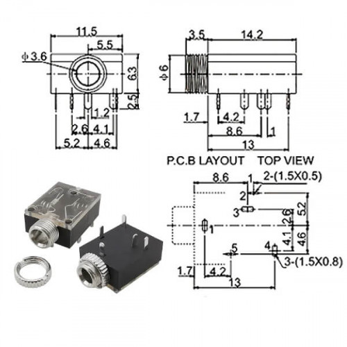 Mini Jack 3.5 мм, на плату, стерео, "гнездо", с гайкой, прозрачный