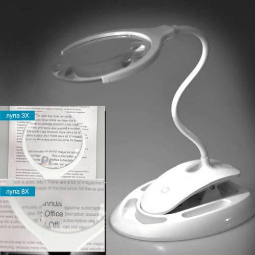 Лупа настольная 3х 8х 6LED на гибком штативе, клипса + подставка, Орбита OT-INL51 (9006)