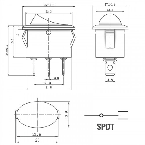 Переключатель ON-OFF-ON овальный 3 контакта (монт. 23×13,5 мм)