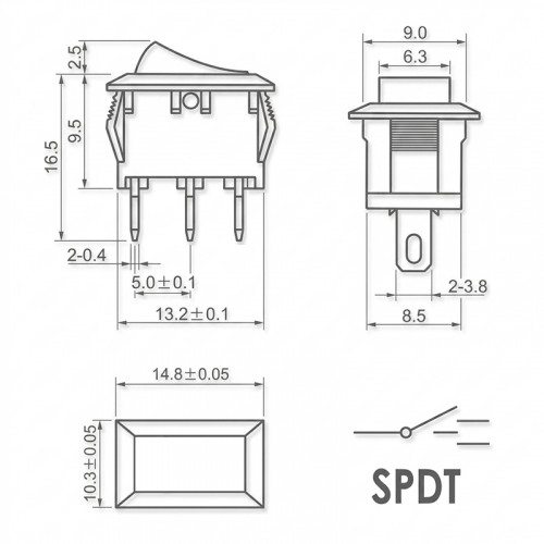 Мини переключатель KCD11 ON-OFF-ON 3 контакта SPDT 10×15 мм
