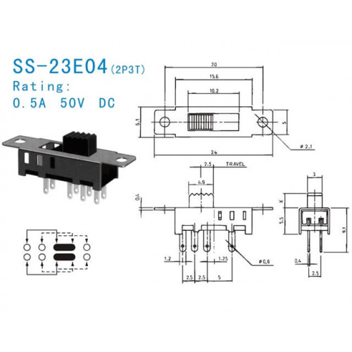 Переключатель движковый SS-23E04 (2P3T), DC 50V 0.5A