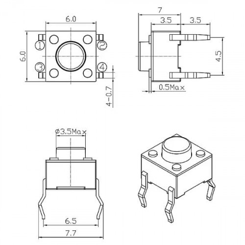 Тактовая кнопка без фиксации, OFF-(ON), 12В/50мА, 6x6x5мм