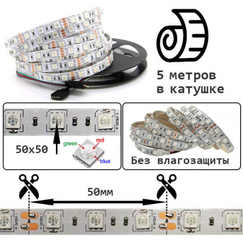 RGB светодиодная лента (12В, 14.4 Вт/м, IP20 открытая, SMD5050)
