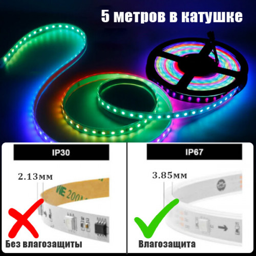 Светодиодная адресная герметичная лента "Бегущие огни", WS2811, 12В, IP67, 5 метров