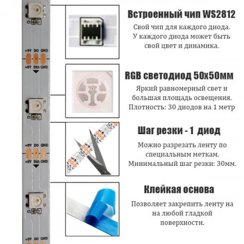 Светодиодная адресная лента WS2812, RGB, 30 шт/м, 5 В, IP20, 5 метров.