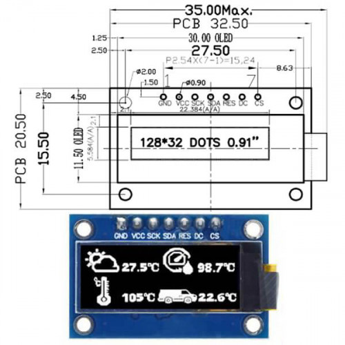 OLED дисплей 0.91" 128x32 SPI SSD1306