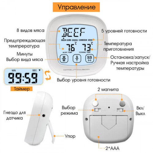 Термометр-таймер для приготовления мяса, HOM28