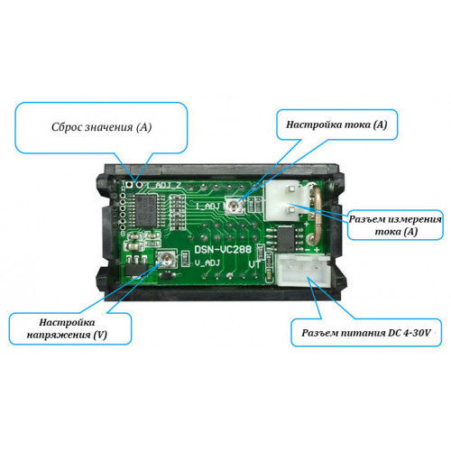 Индикатор тока и напряжения (вольтметр - амперметр) DCN-VC288 DC 4-30V | 0-100V | 0-10A