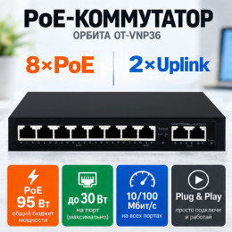 PoE-коммутатор 8 PoE + 2 Uplink, 100 Мбит/с, 120 Вт VNP36