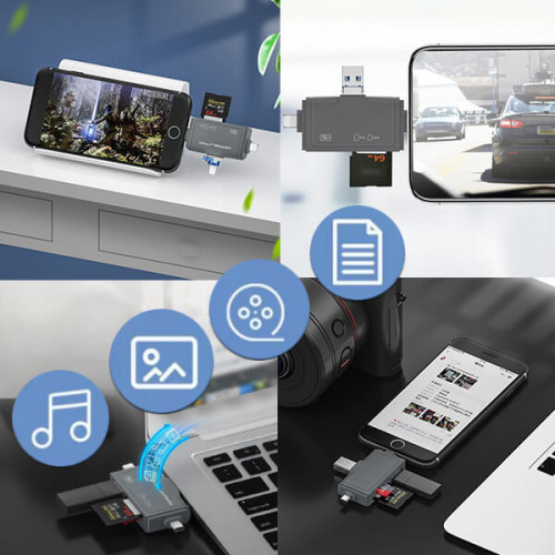 Кардридер USB-C + USB-A 3.0 + microUSB + Lightning  для карт памяти TF/SD и USB флешек Орбита OT-PCR27