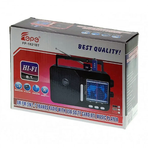 Радиоприёмник Fepe FP-1821BT с Bluetooth, 9 диапазонами, USB/SD и аккумулятором