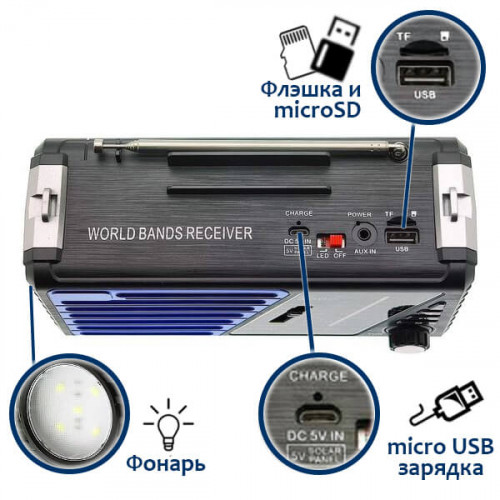 Радио Fepe FP-283BT с Bluetooth, USB, microSD, фонариком и аккумулятором