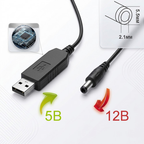 Повышающий USB-DC кабель 5 В → 12 В, 5.5×2.1 мм, до 1 А